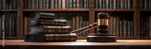 Wallpaper Mural An elegant depiction of law books and a gavel, symbolizing justice and legal authority in a classic library setting. Torontodigital.ca