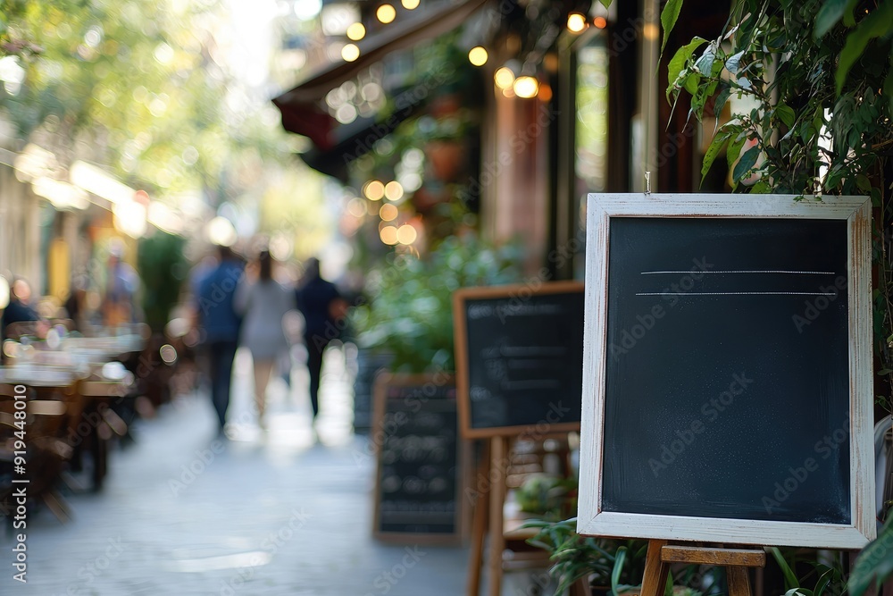 Obraz premium Cafe Sidewalk Signs Ready for Menu Descriptions with Bokeh Background of Strolling Couples