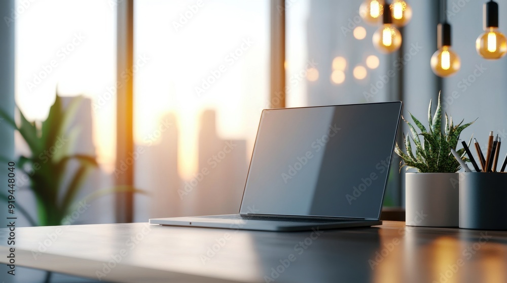 A laptop is sitting on a desk in front of a window A laptop is sitting on a desk in front of a window