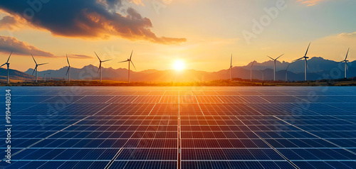 A sun rising over a landscape of wind farms and solar fields, symbolizing a new dawn for sustainable energy, save the world, renewable revolution photo