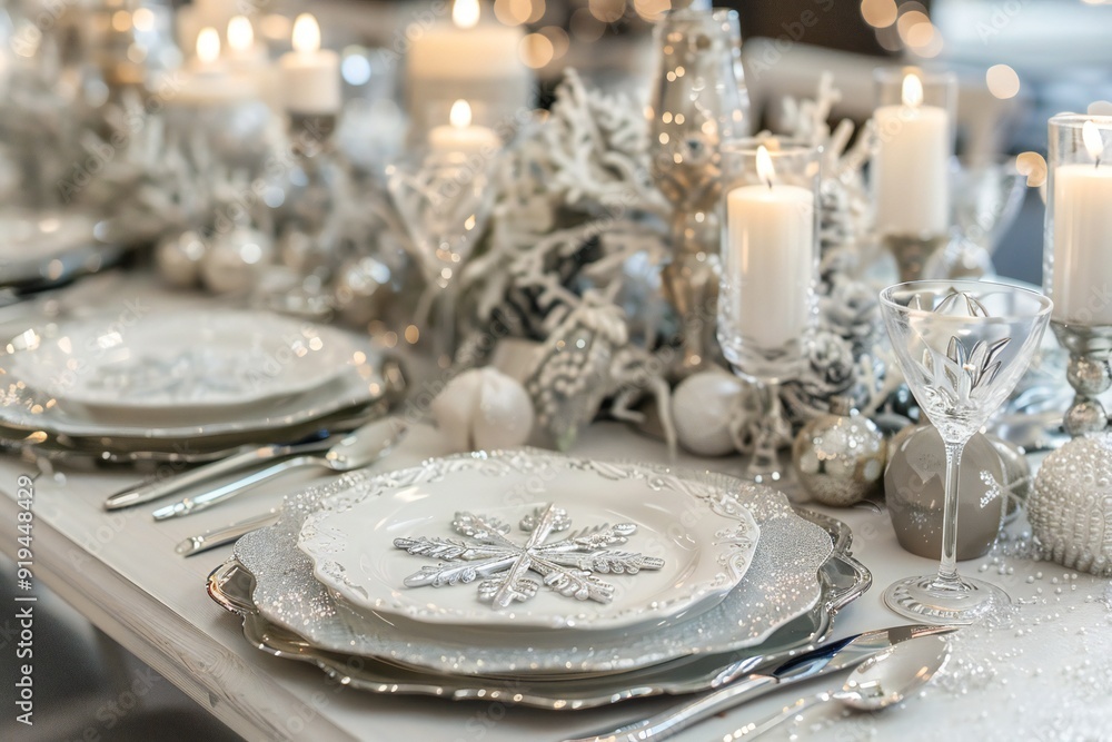 Winter wonderland table setting with snowflake plates, silver cutlery, and a centerpiece of white candles and faux snow, created by ai Winter wonderland table setting with snowflake plates, silver cutlery, and a centerpiece of white candles and faux snow, created by ai