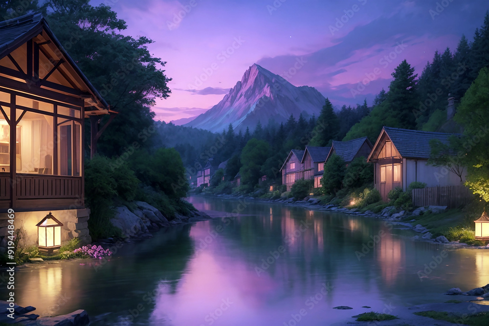 Fototapeta premium Beautiful village in a dreamy environment at sunset, house on the lake