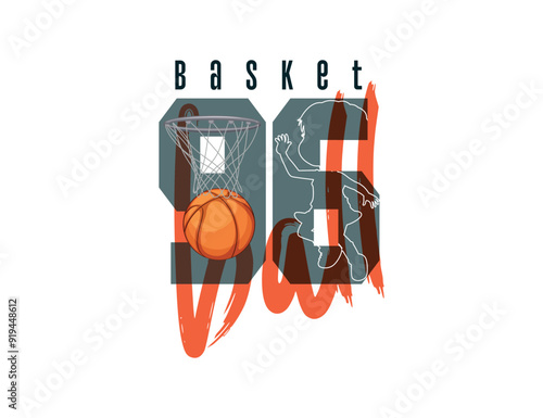 Basket ball with outline and brushed text print on t shirt , banner and other use