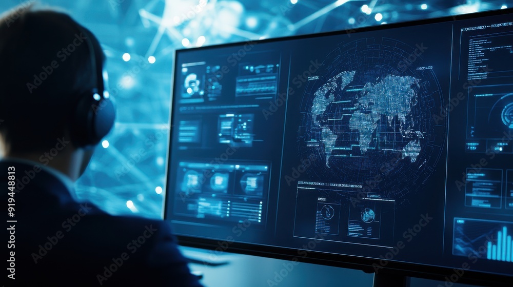 A man is sitting in front of a computer monitor with a blue screen A man is sitting in front of a computer monitor with a blue screen