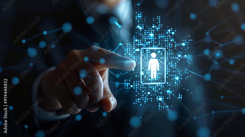 A businessman's hand points to a glowing digital profile icon surrounded by data and connections. Concept for digital identity, networking, and the future of work. A businessman's hand points to a glowing digital profile icon surrounded by data and connections. Concept for digital identity, networking, and the future of work.