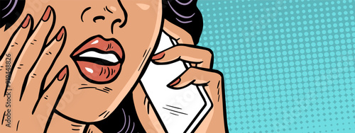 A young woman makes an urgent phone call. Concept of discounts, promotions and sales. Advertising banner. Cartoon vector colorful illustration. Pop art comic style. Hand drawn outline