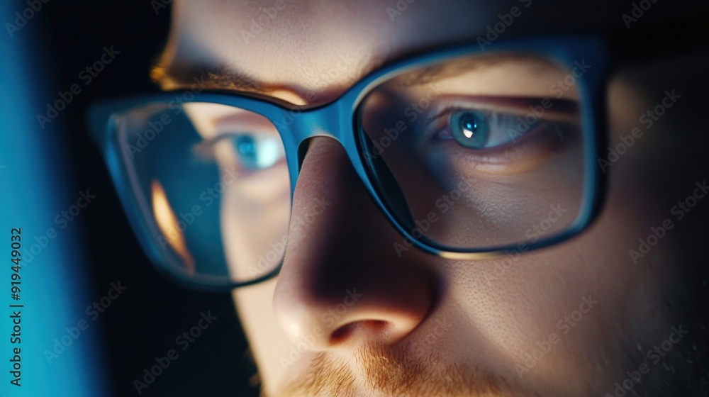 Fototapeta premium A man wearing glasses is looking at a computer screen
