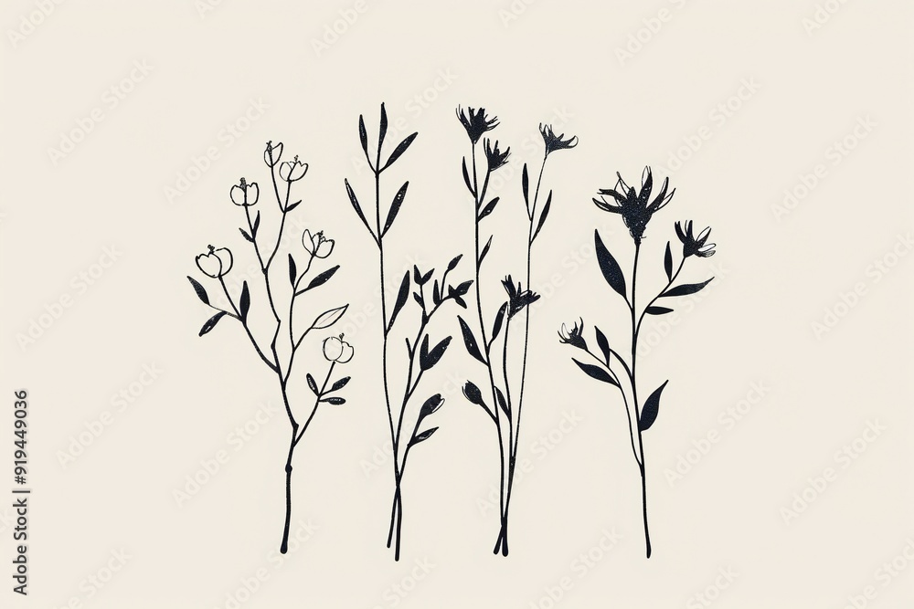 Fototapeta premium Cute background with flowers drawn in pencil on white background, created by ai