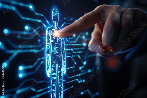 A finger points at a glowing digital human figure, representing the connection between technology and humanity.