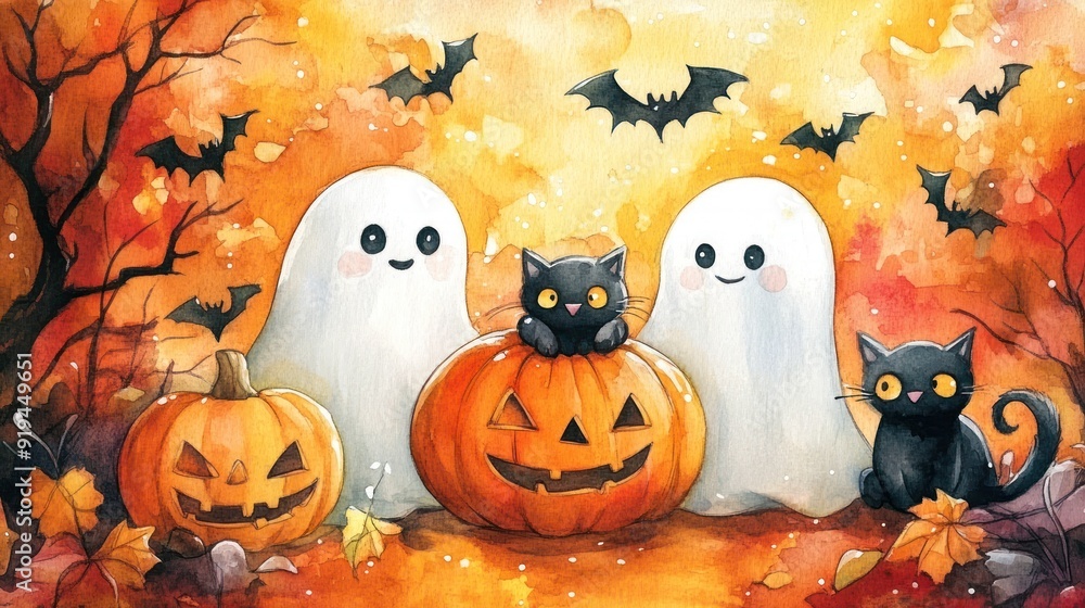 A whimsical Halloween illustration featuring two ghosts, two black cats, a carved pumpkin, and flying bats set against a backdrop of autumn leaves. A whimsical Halloween illustration featuring two ghosts, two black cats, a carved pumpkin, and flying bats set against a backdrop of autumn leaves.