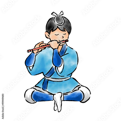 祭囃子　笛を吹く男性のイラスト