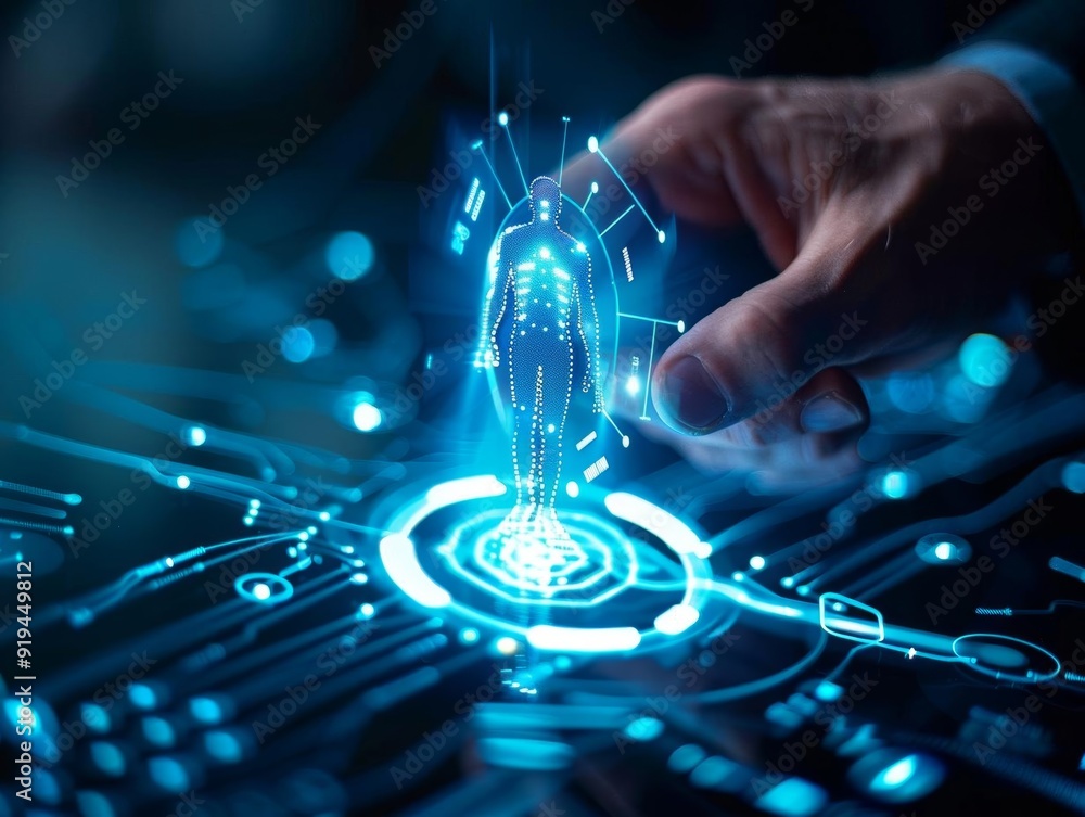 A hand interacts with a glowing digital human model, representing healthcare technology and innovation. A hand interacts with a glowing digital human model, representing healthcare technology and innovation.