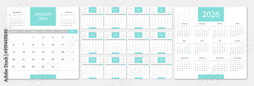 Calendar 2025, calendar 2026 week start Monday corporate design template vector. Desk calendar.