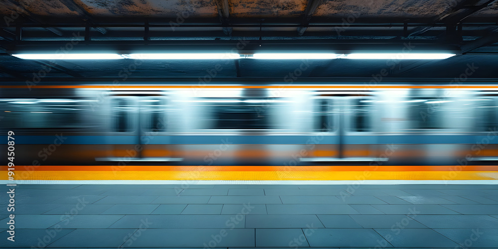 A blurred motion of a subway train passing through a modern station, capturing urban life and transportation dynamics. A blurred motion of a subway train passing through a modern station, capturing urban life and transportation dynamics.