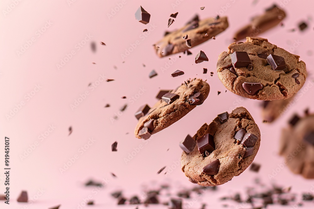 Close up of chocolate oatmeal cookies levitating on pastel background , created ai Close up of chocolate oatmeal cookies levitating on pastel background , created ai