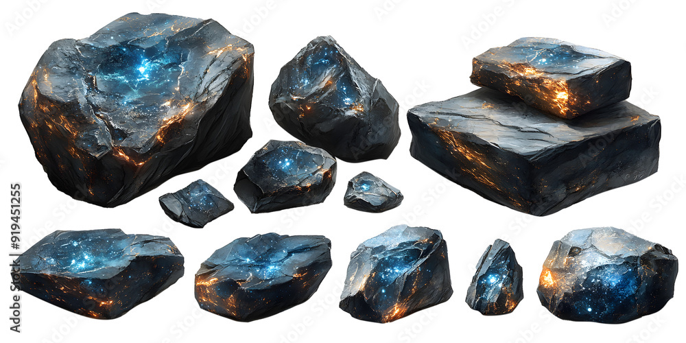 A stunning set of unique dark gray rocks Isolated in transparent background, each embedded with a mesmerizing blue glowing pattern resembling the night sky filled with stars. A stunning set of unique dark gray rocks Isolated in transparent background, each embedded with a mesmerizing blue glowing pattern resembling the night sky filled with stars.