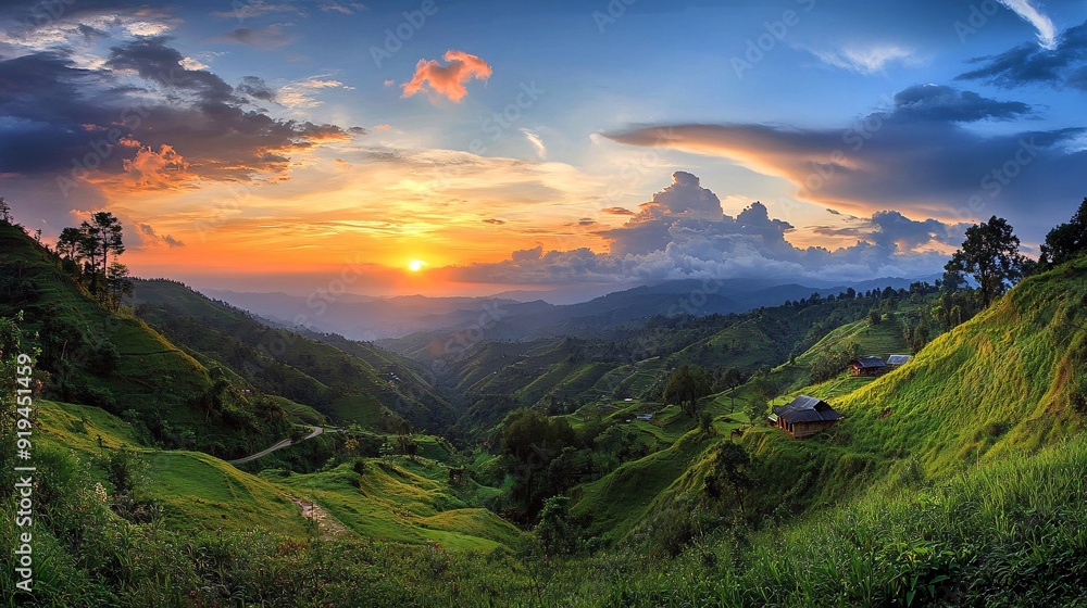 Obraz premium Breathtaking sunset over rolling hills with vibrant skies and lush greenery, capturing natures serene beauty