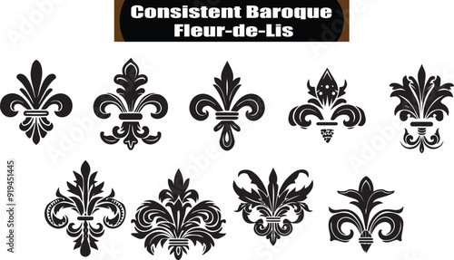 Consistent Baroque Fleur-de-lis Silhouette Elements in Black