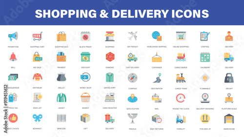 E-commerce, online shopping and delivery elements web icon set - outline icon set. E-commerce, online shopping and delivery elements - minimal thin line web icon set. Outline icons collection.