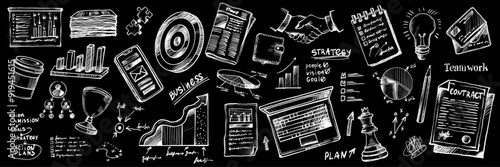 Business doodle set, hand drawn teamwork strategy vector finance graphic sketch, scribble diagram. Brainstorm mind planning, team communication, money statistics idea sign. Business doodle infographic