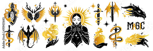 Linocut fantasy print, vector magic engraving dragon sticker, black gold mystic tattoo symbol, star. Female knight witchcraft spell, fairytale sword, hand drawn mystic illustration. Fantasy print set