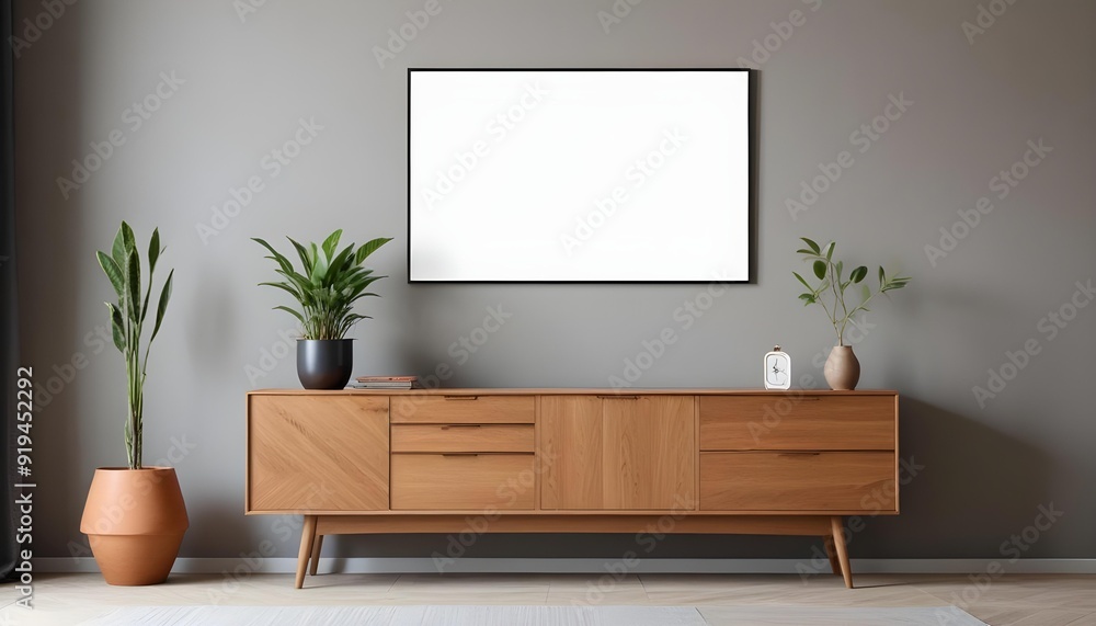 Fototapeta premium A modern living room with a wooden sideboard, a potted plant, and a blank framed wall art.