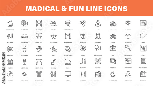 hospital and medical icons and signs like doctor, patient, ambulance, medicines, surgery and other signs inside and outside the hospital building etc.