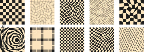 Black and white groovy psychedelic checkerboard set in trendy retro 1970s style. Y2k aesthetic. Vector illustrations isolated on white background.