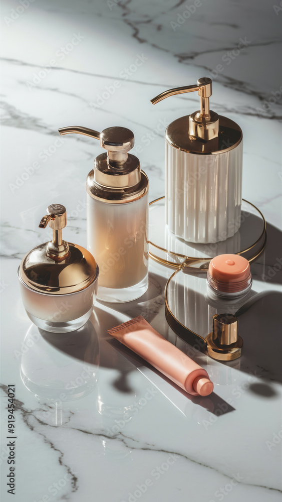 A collection of a variety of cosmetic products on marble counter, AI A collection of a variety of cosmetic products on marble counter, AI