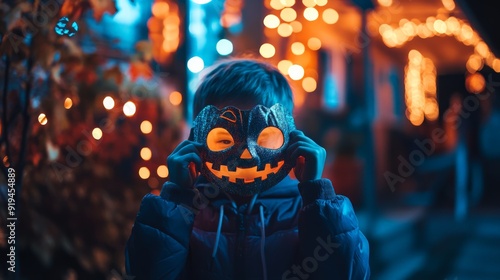 Child in hoodie wears glowing jack-o'-lantern mask on Halloween night, with colorful lights in background creating a festive atmosphere.