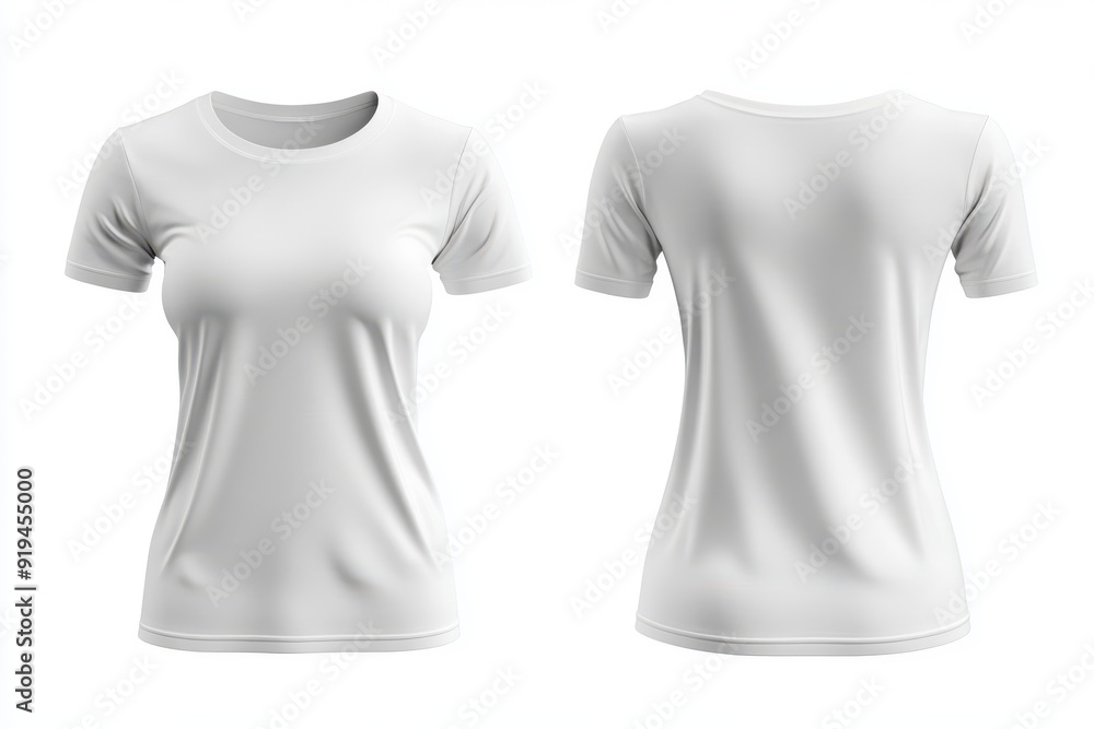 Mockup of two white t-shirts showcasing both front and back views with smooth fabric Mockup of two white t-shirts showcasing both front and back views with smooth fabric