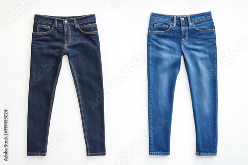 Flat lay of two pairs of blue jeans on white background photo