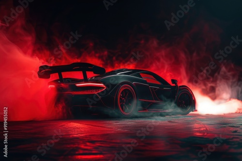 Black and red supercar with smoking wheels, dramatic lighting, cinematic style