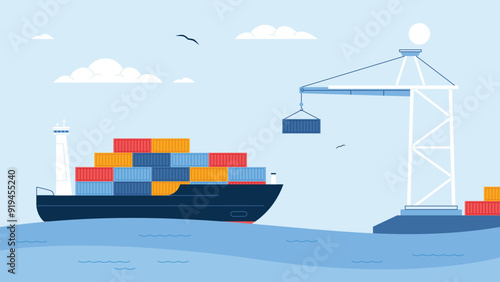 Ship Transportation Concept. Vector flat global transportation concept illustration. Cargo ships in harbor.