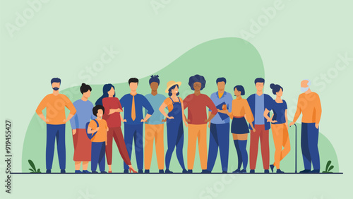 Multiethnic group of people standing together on light green background, diversity and multiculturalism concept
