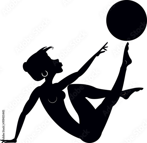 Young woman does exercises with a ball. 
Young woman with lithe figure doing sport exercise with a ball. Black and white illustration
