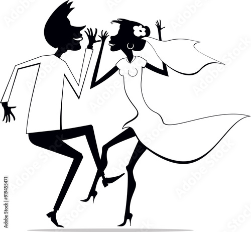 Dancing married wedding couple. 
Heart symbol and dancing happy man and woman in the white dress and wedding veil. Isolated on white background
