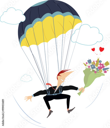 Falling in love skydiver man. 
Cartoon skydiver man holding a bunch of flowers. Isolated on white background
