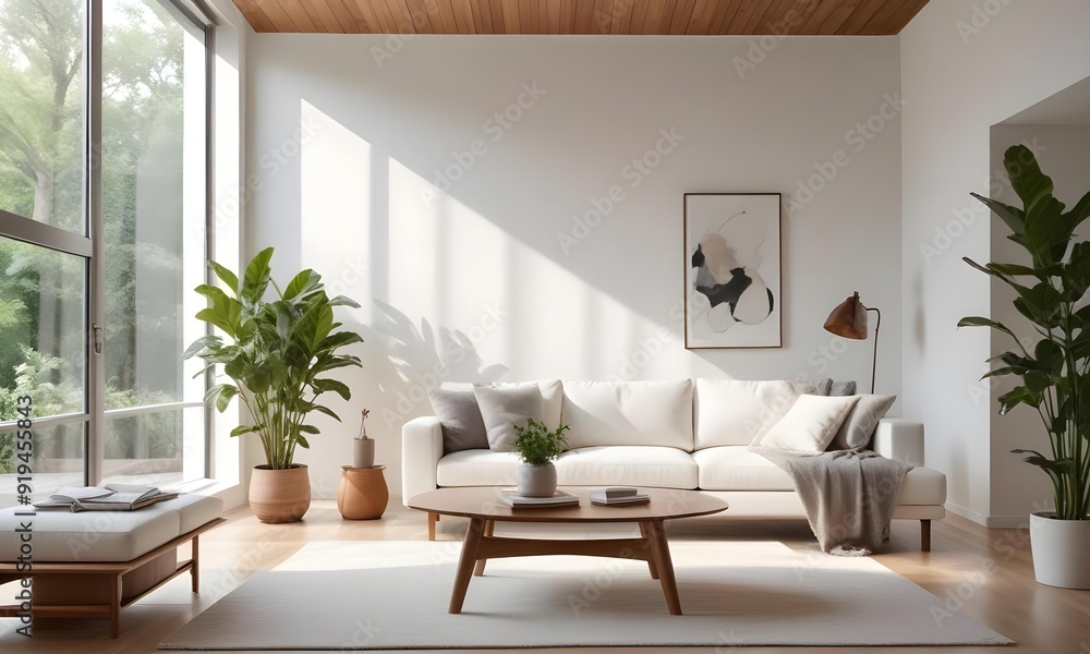 A modern living room with white walls, large windows, and natural light streaming in. The room features a white sofa, and a wooden coffee table. A modern living room with white walls, large windows, and natural light streaming in. The room features a white sofa, and a wooden coffee table.