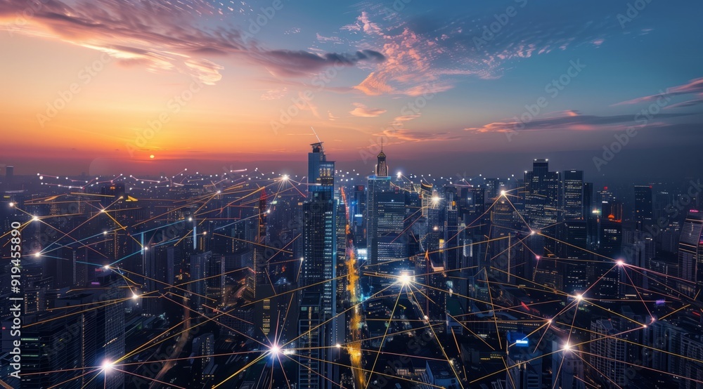 Fototapeta premium Sunset and cityscape with modern futuristic architecture.