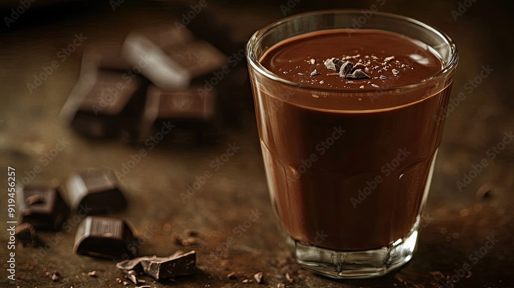 Rich, dark chocolate drink in a glass, close-up with dessert background Rich, dark chocolate drink in a glass, close-up with dessert background