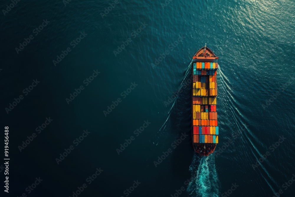 Cargo ship with containers sailing in the ocean, airplane flying above, global trade scene. Cargo ship with containers sailing in the ocean, airplane flying above, global trade scene.