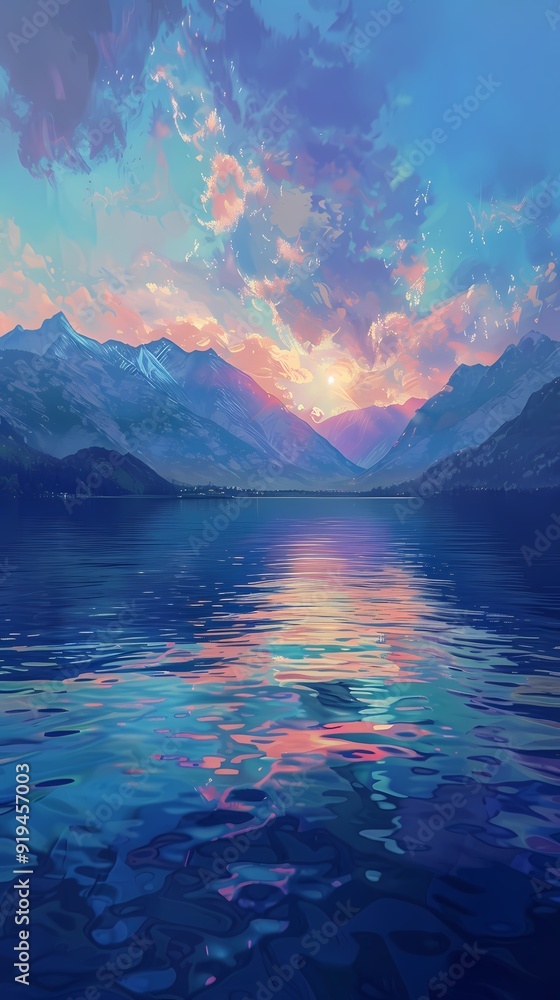 Obraz premium lake with mountains landscape illustration abstract art decorative painting background