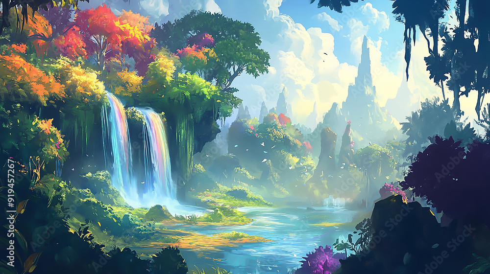 Design an abstract and dreamlike portrayal of a beautiful morning in the cartoon jungle Design an abstract and dreamlike portrayal of a beautiful morning in the cartoon jungle