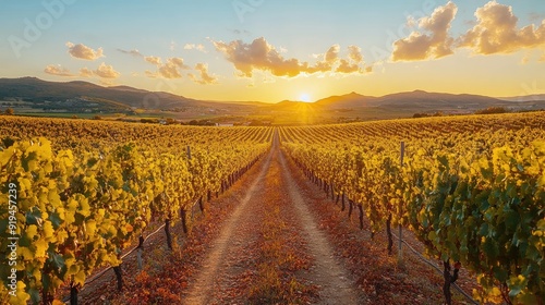 A road through a vineyard, with grapevines stretching to the horizon under a sparkling afternoon sun.