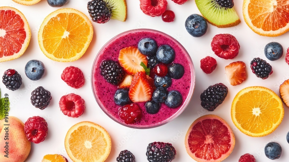 Smoothie with mixed berries in a glass, surrounded by colorful fruit slices Smoothie with mixed berries in a glass, surrounded by colorful fruit slices
