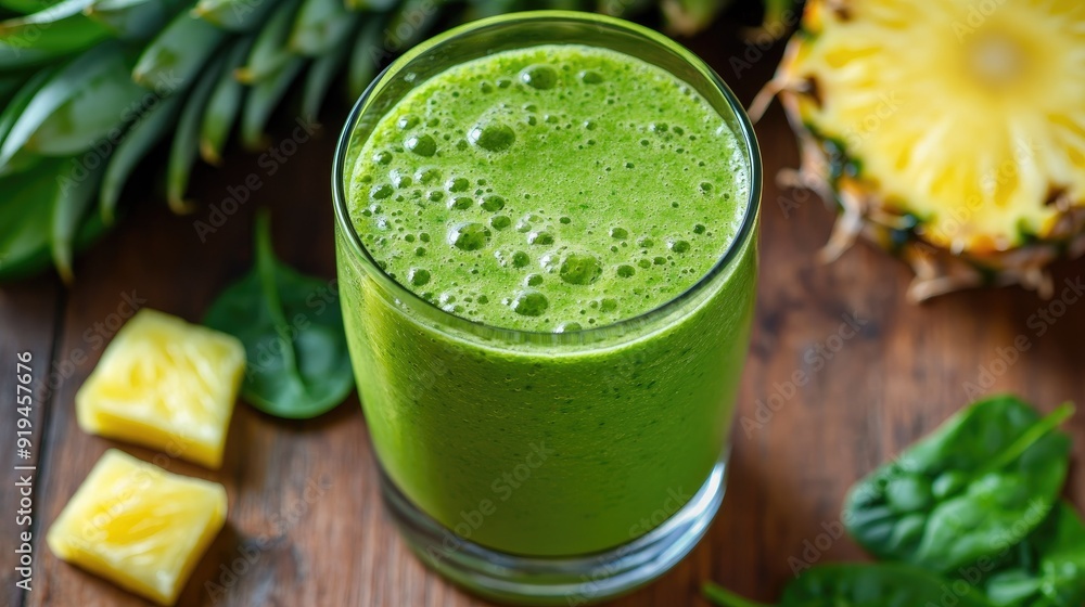 Smoothie with spinach and pineapple, close-up on a wooden table Smoothie with spinach and pineapple, close-up on a wooden table