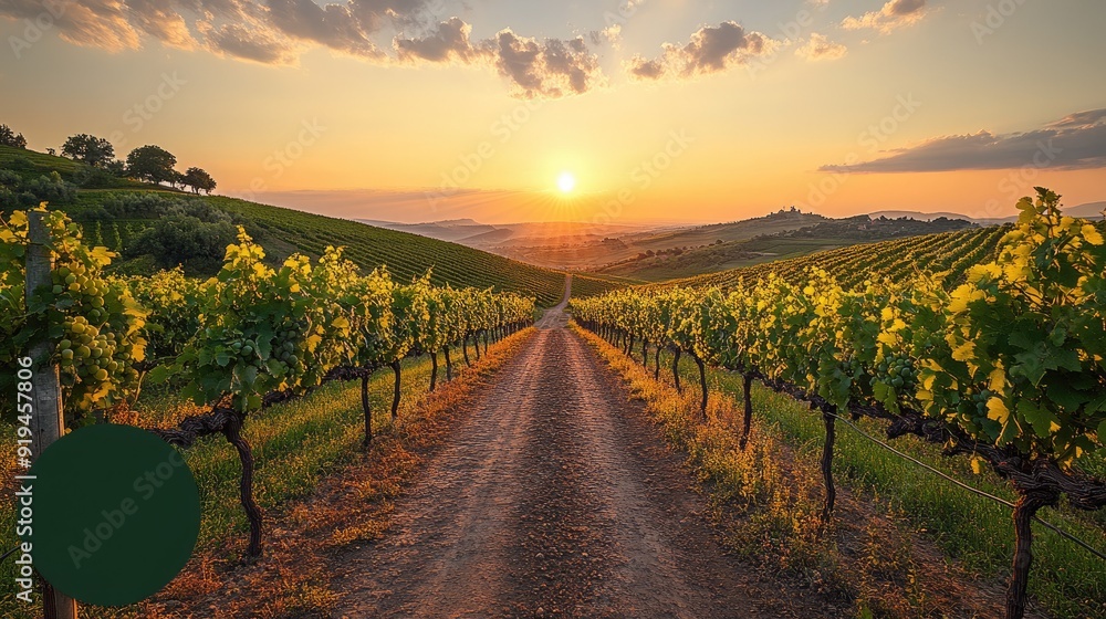 Naklejka premium A road through a vineyard, with grapevines stretching to the horizon under a sparkling afternoon sun.