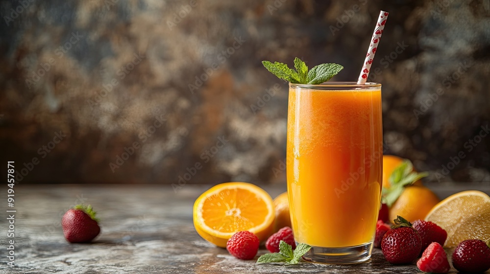Vibrant fruit juice in a glass with a decorative paper straw Vibrant fruit juice in a glass with a decorative paper straw