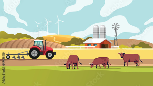 Vector illustration of Mountain countryside with red farm barn